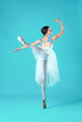 © master1305 - Ballerina in white dress posing on toes, studio background.