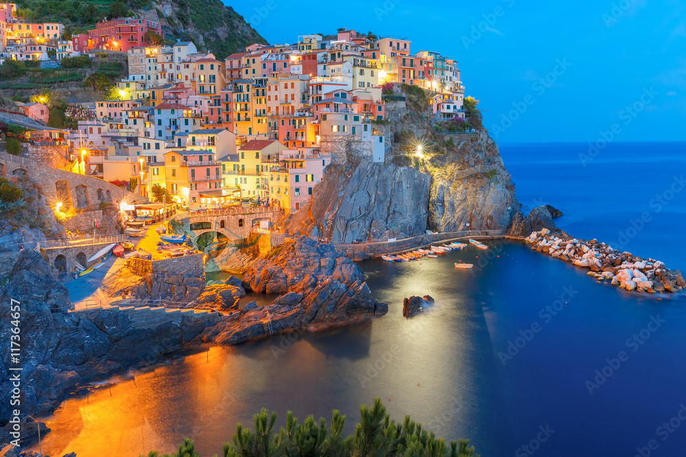 Aerial night view of Manarola fishing village, seascape in Five lands, Cinque Terre National Park, Liguria, Italy. - obrazy, fototapety, plakaty 