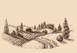 © Danussa - Farm landscape etch, agriculture scene