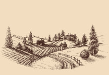 Farm Landscape Etch, Agriculture Scene