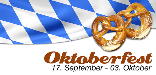 Wall Mural - Schild mit Oktoberfest 2016 mit Bretzeln, Bayernfahne, Bierkrug und Lebkuchenherz 