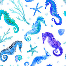 Blue Seahorse, Shell, Starfish, Coral And Bubbles Seamless Pattern.underwater World Image On A White Background.watercolor Hand Drawn Illustration.