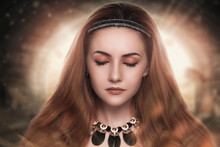 Girl Close-up Beauty Portrait, Professional Make Up, Long Volume Orange Brown Hair, Newcomer From The Future. Huge Flash Of Light Around Her Head, Prediction Psychic Insight. Feel Wild Energy Creative
