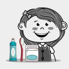 smiling cartoon girl with dental care implements vector illustra