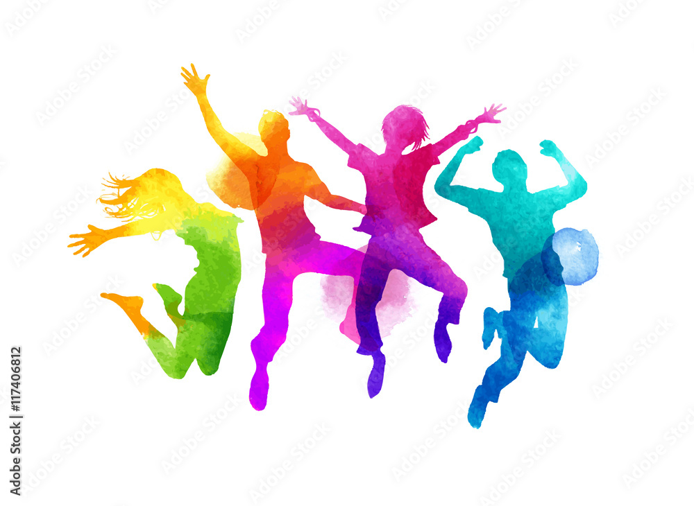 A group of friends jumping expressing happiness. Watercolour vector illustration. - obrazy, fototapety, plakaty 
