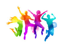 A Group Of Friends Jumping Expressing Happiness. Watercolour Vector Illustration.