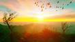 Sunrise with flare at the mountain with trees and flying birds i