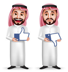 Wall Mural - Saudi arab man vector character with facial expressions holding like and dislike sign icon for social media isolated in white background. Vector illustration.
