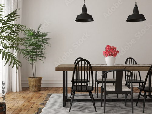 Fotografía Interior of dining area with a large wooden table and black chai