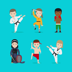 Kids martial arts vector illustration. Karate girl and boxing boy