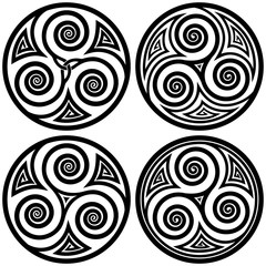 Vector ornament, set of decorative celtic triskelion round designs with spiral elements