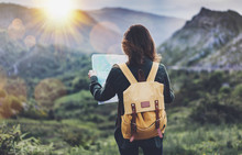 Hipster Young Girl With Bright Backpack Enjoying Sunset On Peak Of Foggy Mountain, Looking A Map. Tourist Traveler On Background Valley Landscape Panoramic View Mockup, Flare. Vacation Journey Concept