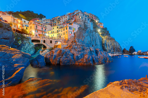 Night view of Manarola fishing village, seascape in Five lands, Cinque Terre National Park, Liguria, Italy Poster Mural XXL