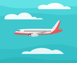 Airplane flies in the sky. Side view. Cartoon vector illustration