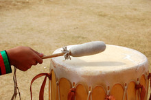 Young Tigua Boy's Hand And Ceremonial Drum During Tribal Dances.