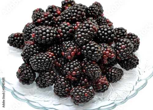 Fotografia, Obraz The photo shows a dish with dewberry on a white background