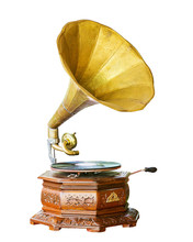 Golden Gramophone Isolated On White. Clipping Path Included