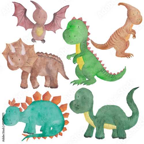 Photographie  dinosaurs Watercolor illustration Isolated Dino Kids Hand-painted