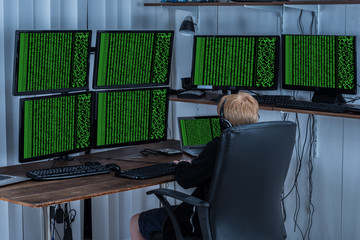 Wall Mural - Child Using Multiple Computers