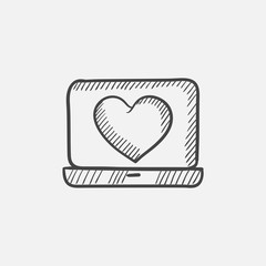 Sticker - Laptop with heart symbol on screen sketch icon.