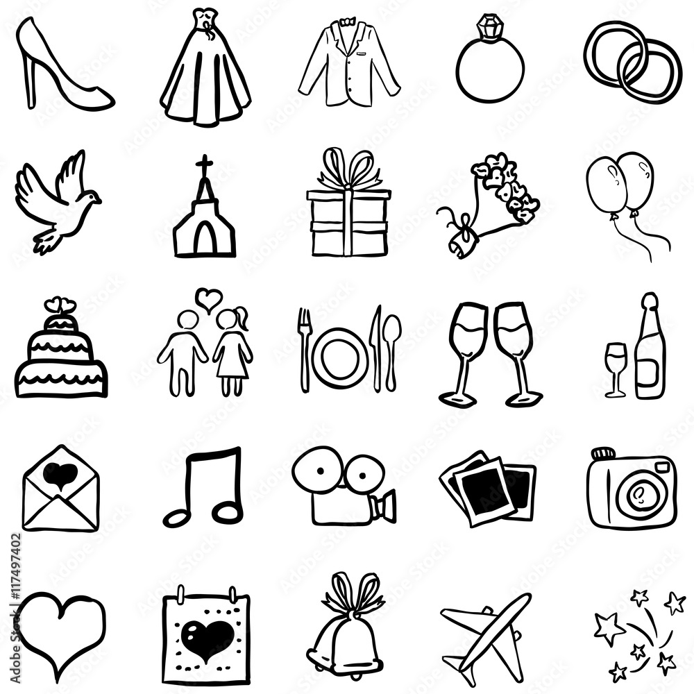 Vector Set of Black Doodle Weddings Icons Stock Vector | Adobe Stock