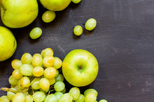 Grapes And Apples On A Black Wooden Background, Horizontal, Soft Focus