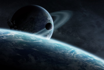 Wall Mural - Sunrise over group of planets in space
