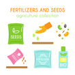 Vector fertilizer illustrations. Seeds pack design. Bottle of bio fertilizers. Flat argiculture collection.