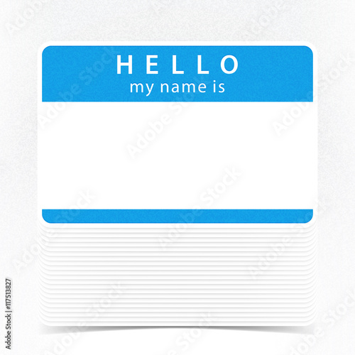 Blue color name tag HELLO my name is. Pile blank stickers with ...