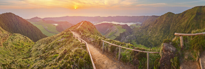 Wall Mural - Mountain landscape with hiking trail and view of beautiful lakes, Ponta Delgada, Sao Miguel Island, Azores, Portugal