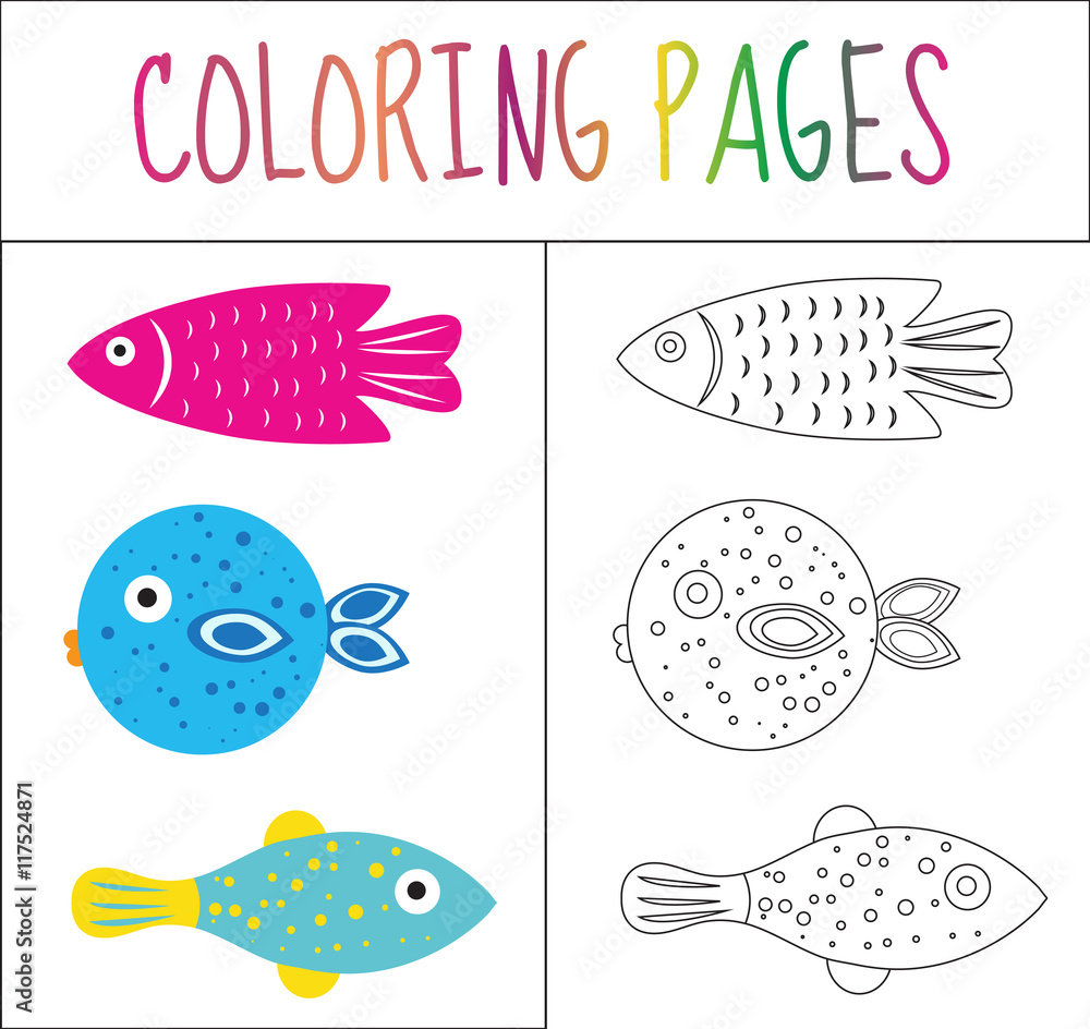 Google Coloring Fish Coloring book page. Set fish. Sketch and color version. Coloring for ...