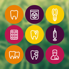 Canvas Print - Tooth icons set, dentist, dental care, toothcare, stomatology, rontgen, line pictograms, vector illustration