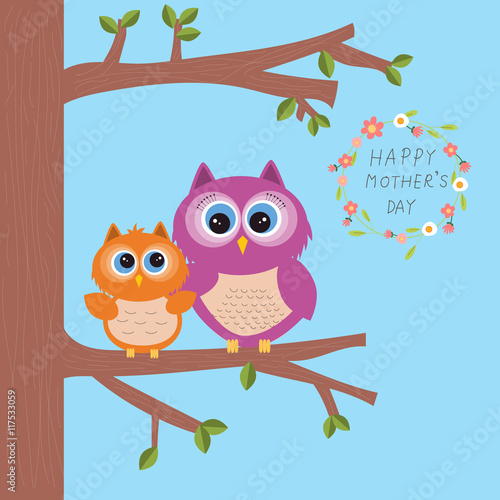 Happy mother's day with beautiful owl hug thier kids or baby on Stock ...