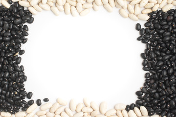 White and black Raw beans frame in white background