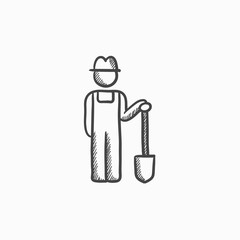 Sticker - Farmer with shovel sketch icon.