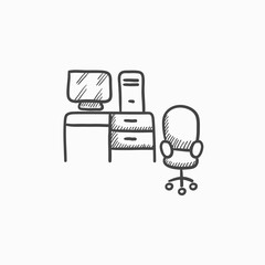 Canvas Print - Computer set with table and chair sketch icon.