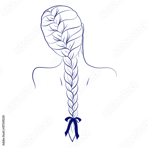 Cartoon Girl Back View Hair Braid French Style With Ribbon Bow Tie