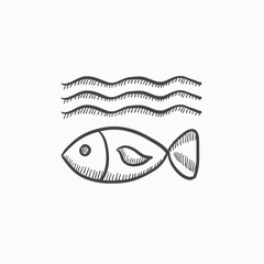 Sticker - Fish under water sketch icon.