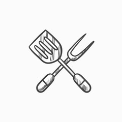 Sticker - Kitchen spatula and big fork sketch icon.