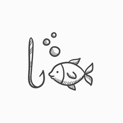 Wall Mural - Fish with hook sketch icon.