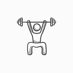 Sticker - Man exercising with barbell sketch icon.