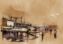 Seascape Painting Showing Pier Of Fishing Village In The Evening,watercolor Style