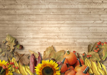 Vintage Wooden Background With Autumn Leaves, Pumpkins, Sunflowe