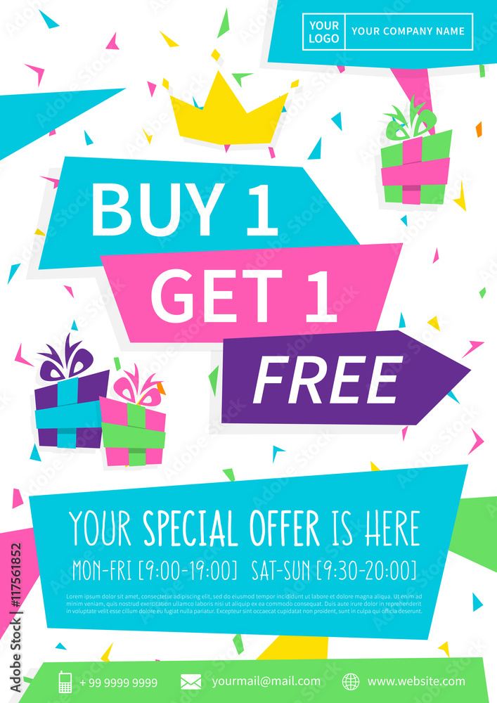 Promotion banner Buy 1 Get 1 Free vector illustration. Special offer ...