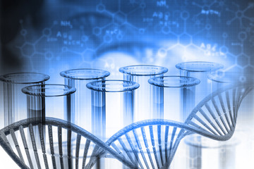 Wall Mural - Lab, chemistry, DNA structure, on blue background. 3d illustration biochemistry concept .