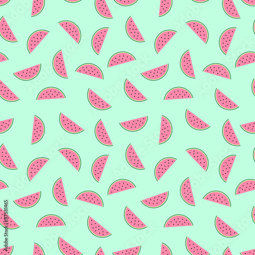 Pink Watermelon Slices Seamless Pattern On Mint Green Background Pink Watermelon Slices Seamless Pattern On Mint Green Background Cute Fruit Summer Food Vector Ilration Fashion Design For Textile