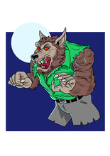 Werewolf With A Green Shirt And The Moon In The Background. Vector Illustration