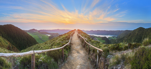 Wall Mural - mountain landscape with hiking trail and view of beautiful lakes, ponta delgada, sao miguel island, 