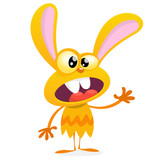 Fototapeta  - Cute yellow monster rabbit. Halloween vector bunny monster with big ears waving. Isolated on white