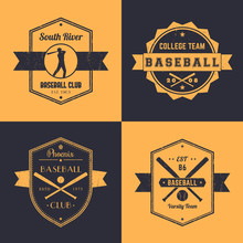 Baseball Club, Team Vintage Logo, Badges, Emblems, Baseball Player At Bat, Crossed Baseball Bats, Vector Illustration